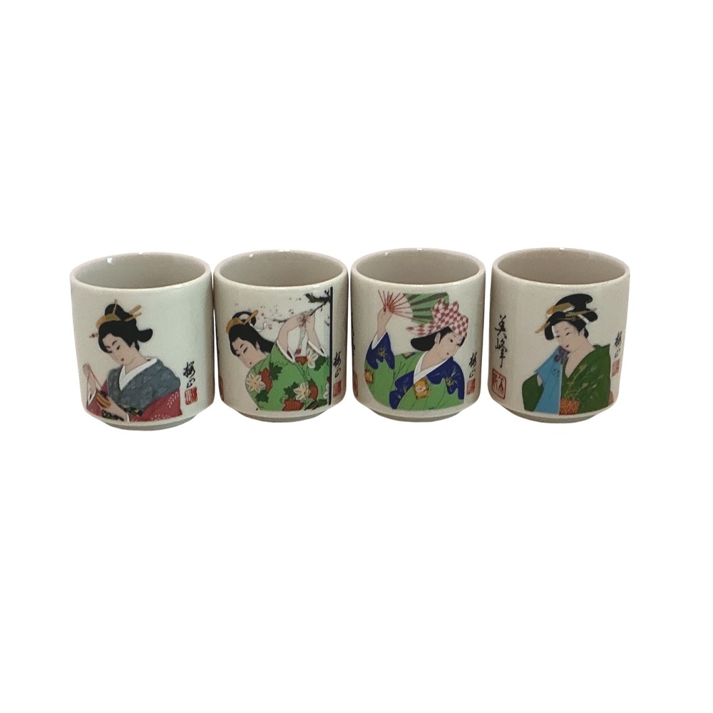 Vintage Japanese Geisha Ceramic Sake Cups Set of 4 Multicolor Bijin-ga 2 Inch